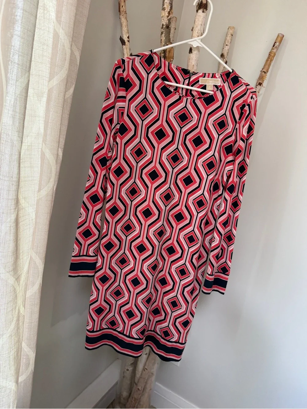 Michael Kors Pink and Navy Geometric Long-Sleeve Dress